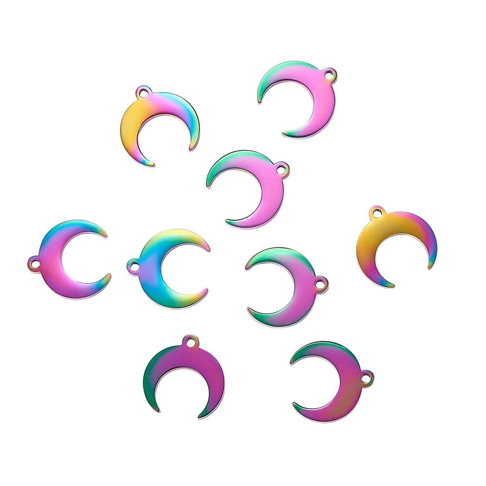 7782 10 Pcs 304 Stainless Steel Charm Rainbow Colored Pride Crescent Moon